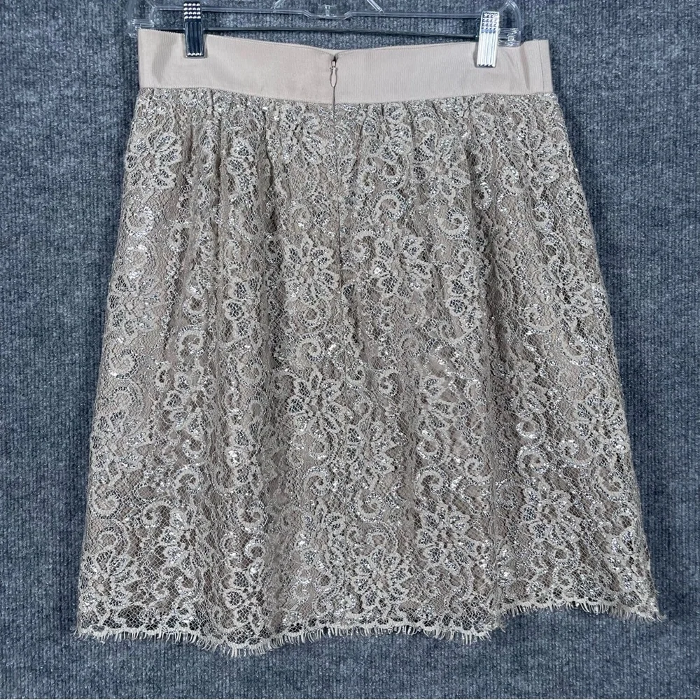 JCrew Womens 8 Tan Silver Metallic Lace Overlay Mini Skirt Party Festive Wedding